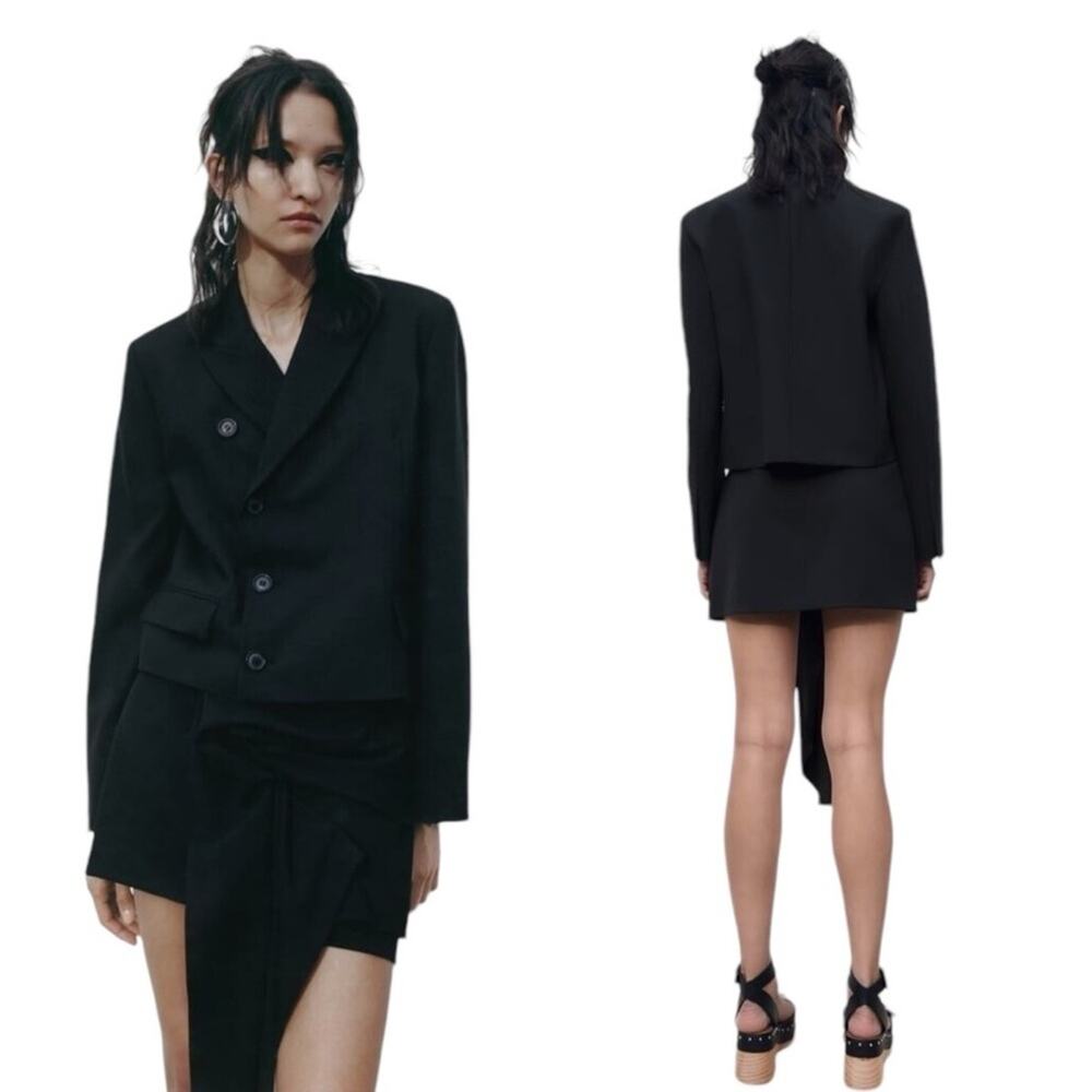 New Zara Wool Blend Cropped Tuxedo Style Black Blazer Size Small